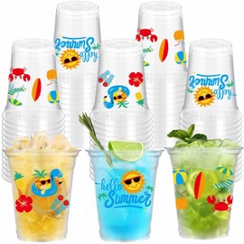 VDESFUEBY 50 Summer Pool Party Cups, 12 oz Hello Summer Party Decorations Disposable Clear Plastic Party Cups for Beach Ball Hawaiian Luau Holiday Party Drinkware Beverage Ice Cream