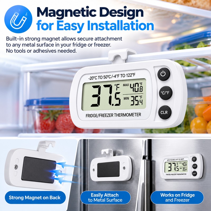 Digital Refrigerator Thermometer for Kitchen Storage – Magnetic LCD Temperature