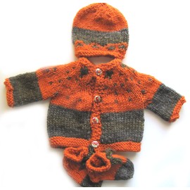 KSS Hand Knit Medium Weight Copper/Black Baby sweater Coat Set 6 Months SW-991