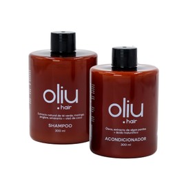 DÚO Oliu Hair (Shampoo + Acondicionador) SIN Parabenos | SIN Sulfatos | Ingredientes Naturales con Ácido Hialurónico, Extracto de Algas Pardas, Té Verde, Óleos, Moringa, Jengibre, Amaranto y Óleo de Coco. 300 ml c/u. Cruelty Free.