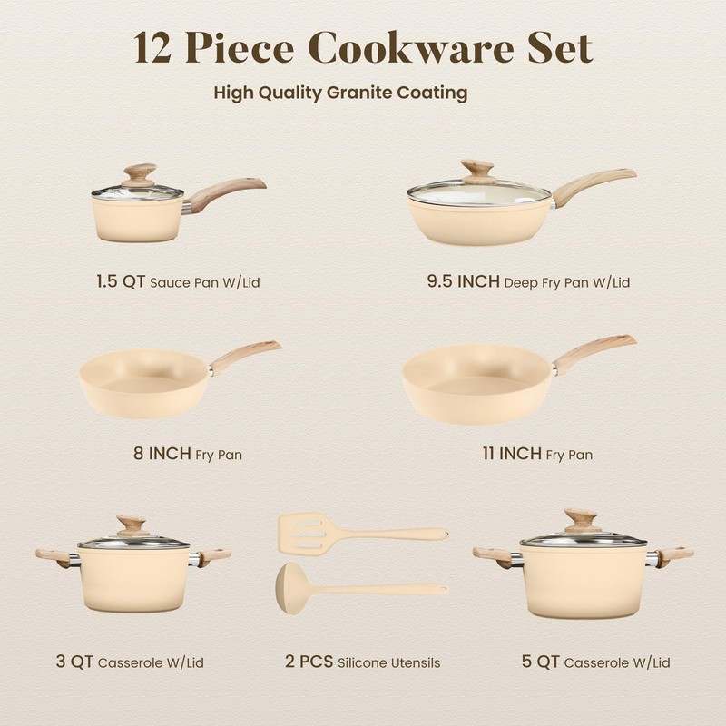 Kitchen Academy 12-Piece Induction Cookware Set, Nonstick Granite Pots and