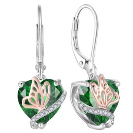 YL Heart Earrings for Women 925 Sterling Silver Dangle Earrings May Birthstone Simulated Emerald Butterfly Drop Earrings Jewellery Gifts for Her Wife Girlfriend