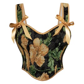 SCARLET DARKNESS Women's Renaissance Corset Square V-Neck Lace-up Corset Floral Print Corset, Yellow Flower Black