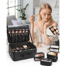 Extra Large Makeup Bag,Professional Makeup Train Case for Makeup Artists,Travel Cosmetic Organizer Box with 4 Small Portaleb Case Bag&Brush/Lipstick Plate,Adjustable Compartments Dividers