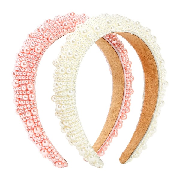 Glamlily 2 Pack Crystal Headbands for Women, Padded Pearl Headband (Light Pink, White)