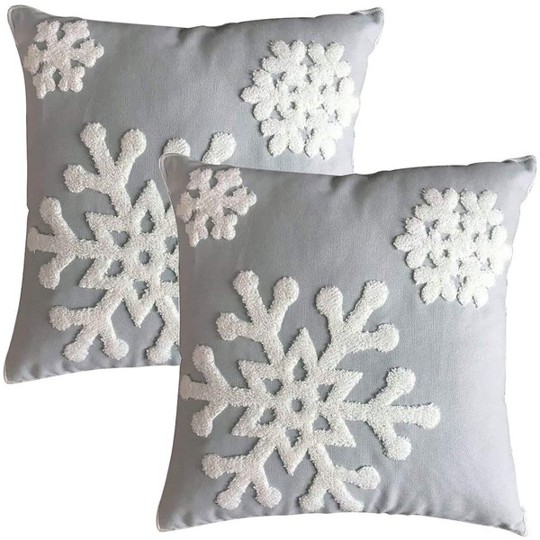 Elife Soft Square Christmas Snowflake Home Decorative Canvas Cotton Embroidery Throw Pillow Covers 18x18 Cushion Covers Pillowcases for Sofa Bed Chair (1 Pair, Grey)