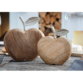 Apple Mango Wood & Aluminium, Set of 2, Decorative Fruit Autumn Silver Figure Wooden Decoration