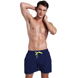 QRANSS Men's Navy 5 inch Inseam Quick Dry Swim Trunks Bathing Suit Beach Shorts (Small)