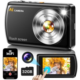AI Digital Camera, Cameras for Photography with WiFi, Autofocus Vlogging Camera for YouTube with Dual Camera 3.6" IPS Touch Screen, 1080P Point and Shoot Cameras with 32 GB Card, for Teens, Adult