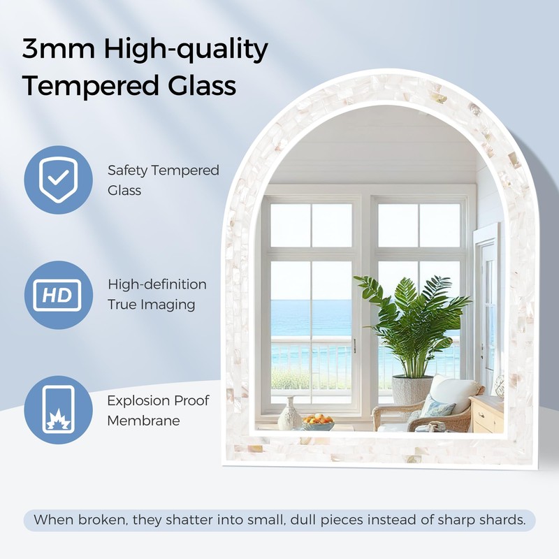 Tanmicoshomy Arched Bathroom Mirror 20x30 Inches, Natural Shell and White