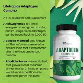 Lifetropics Adaptogen Complex | Plant-Based Supplement | Contains Ashwagandha, Rhodiola Rosea, Bacopa Monnieri | Rich in Withanolides, Salidrosides, Rosavins, Bacosides | 90 Vegecaps