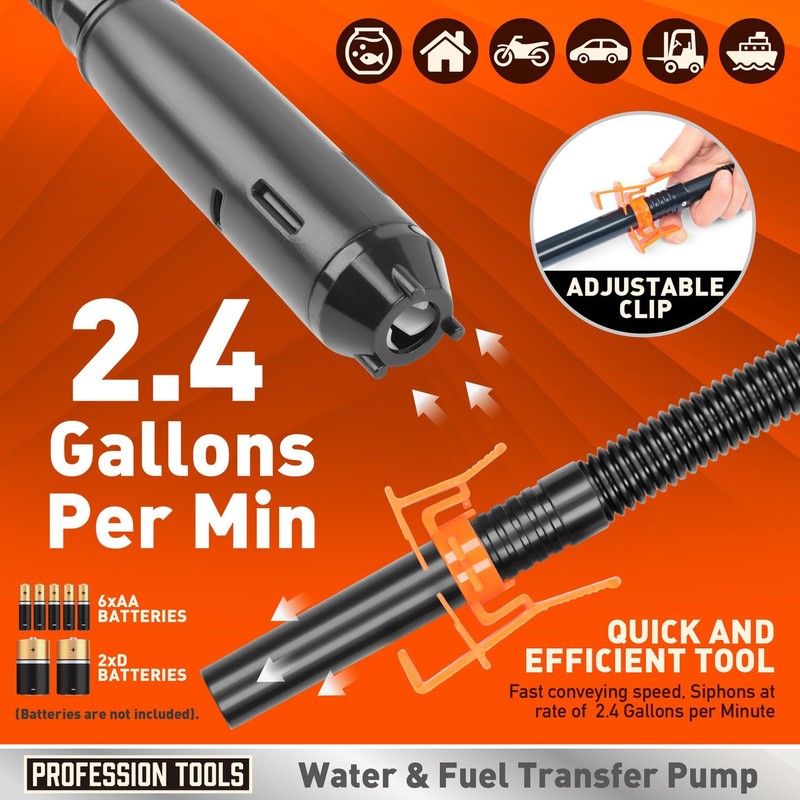 Portable Transfer Pump Battery Operated Electric Siphon Pump, 2.4 GPM