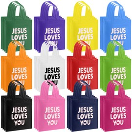 Amylove 120 Pcs Jesus Loves You Gift Bags Bulk Reusable Christian Religious Gift Bag with Handles Non Woven 9.84 x 11.81 Inch Candy Treat Tote for Easter VBS Church Sunday School Jesus Birthday