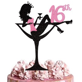 1 decoración para tartas de niña sentada con purpurina, dieciséis tacones altos para niñas de 16 años, decoración de pasteles para niñas, damas, maquillaje, spa, suministros de fiesta de cumpleaños 16, color rosa