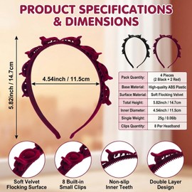 4 Pack Bangs Headband with Clips, 90s Velvet Hairhoop, Professional Weave Clip Headbands for Hair Style Twist Bangs, 2 Black + 2 Wine Red