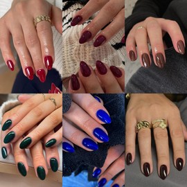 6 Packs Press On Nails Short Oval, KQueenest Acrylic Press On Nails Almond Short, Short Fake Nails Press Ons, Dark Color Glue On Nails Short Round for Women Christmas Winter Gift 144 Pcs
