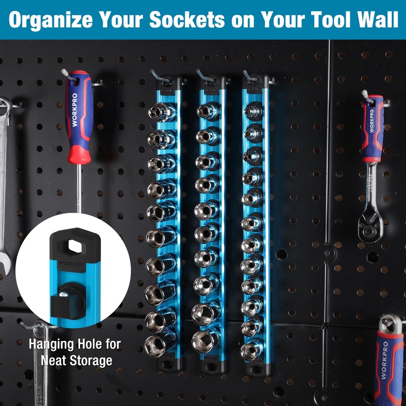WORKPRO Magnetic Socket Organizer, 3/8-Inch Drive Aluminum Alloy Socket Rail,
