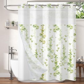 Green Leaves Shower Curtain No Hooks with Snap-in Fabric Liner Set,Spring Plant Vine Shower Curtain for Bathroom,Hotel Decor Waterproof Shower Curtains,with See Through Top Window,71W x 74H