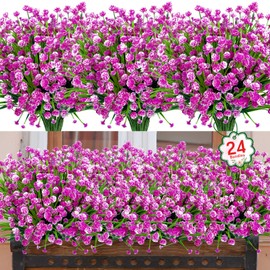 24 Bundles Artificial Flowers for Outdoor Decoration UV Resistant Fake Plastic Plants Artificial Greenery for Spring Summer Indoor Outdoor Garden Patio Window Box Kitchen Home Decor, Fuchsia
