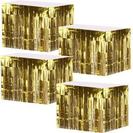 Yopay 27 Feet Pack of 3 Metallic Foil Fringe Table Skirt, Gold Shiny Tinsel Tassle Banner for Parade Floats, Mardi Gras, Bridal Shower, Wedding, Party Decoration, 108” X 29”/ Each Table Skirt