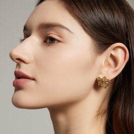 Sylph Chunky Gold Earring For Women Maple Leaf Stud 925 Silver Needles 14K Gold Plated Dainty Statement Earrings Trendy Cute Lightweight Earring Spring Jewelry for Women St. Patrick's Day Gift