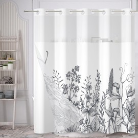 Yanutan No Hook Shower Curtain,Black and White Flower Double-Layered Shower Curtain with Snap-in Liner and Weights,Floral Minimalist Fabric Bath Curtain with See Through Mesh, 71x74in