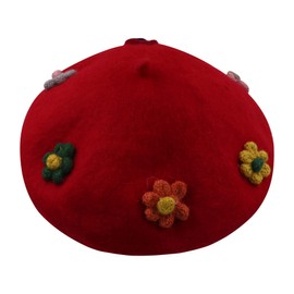 RARITYUS Women Fashion Wool French Artist Beret Hat Cute Warm Beanie Cap Headwear with Multicolor Flowers Pom Pom for Party
