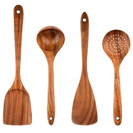 4 Pack Wooden Utensils for Cooking Natural Teak Spoons Spatula Kitchen Utensil Set Wood Spoon (4)