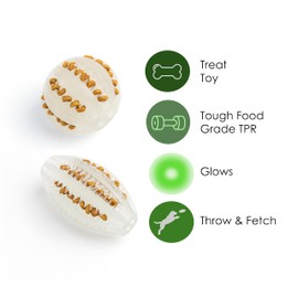 Fuzzl Super Glow Dog Ball and Rugby Treat and Dental Toy - Dog and Puppy Chew Toy Glow in Dark Tough Dog Chew Toy TPR for Aggressive Chewers