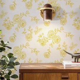 Amiya Gold and White Floral Wallpaper Peel and Stick Retro Wallpaper Boho Removable Contact Paper 17.3" X 120" Self Adhesive Wall Paper Decorative WallsBedrooms,Cabinets Decal Vinyl Roll