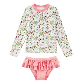 upandfast Girl's Long Sleeve Rashguard UPF 50+ Two Piece Swim Set(5 Years, Pink Flower)