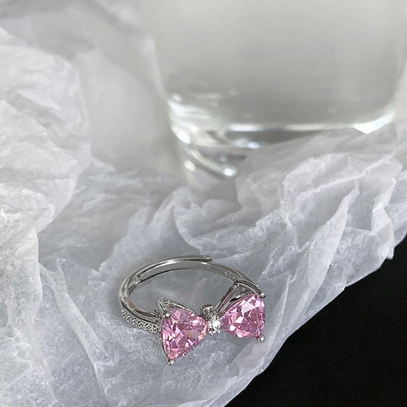 xdlhghe Bow Ring for Women Silver Pink Crystal Adjustable Dainty