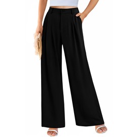 PRETTYGARDEN Women's Casual Palazzo Pants Elastic High Waist Trousers Comfy Work Suit Pants with Pockets (Black,Medium)