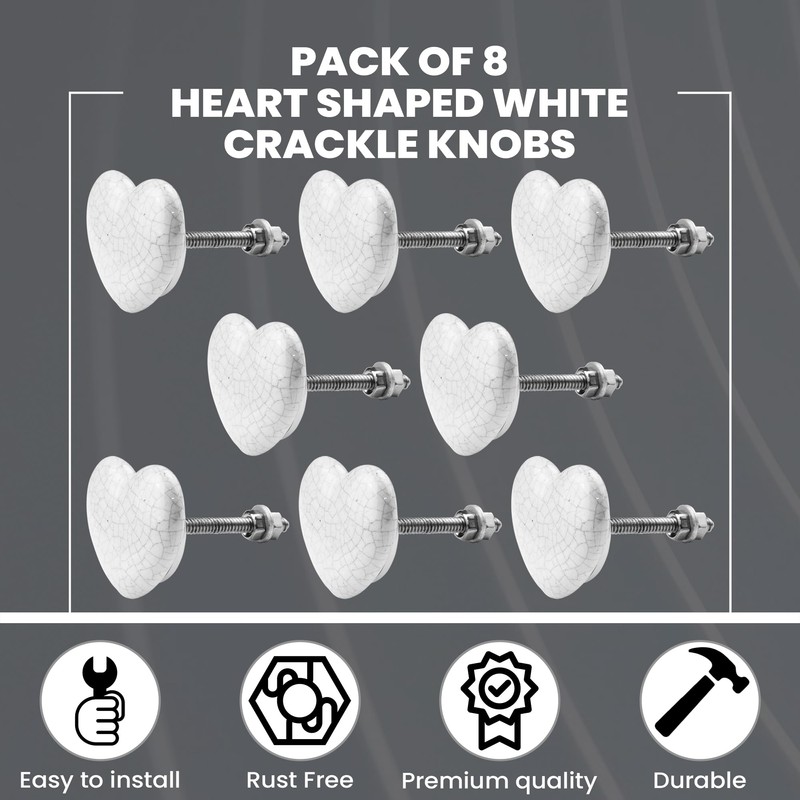 ETHNICITI Pack of 8 Heart White Crackle 40mm Ceramic Door