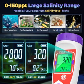 CIZTADA Saltwater Aquarium Salinity pH Tester for Reef Aquarium Digital Pool Salt Tester with 35ppt Calibration Solution Measure pH Salt EC TDS Temp 0-150ppt Large Range Salt Meter for Pool, Koi Pond