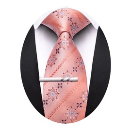 Barry.Wang Coral Pink Ties for Men Floral Tie Necktie and Tie Clip Wedding Business Flower Formal