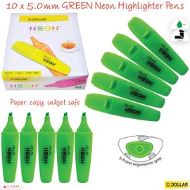 DOLLAR HL625 Neon Fluorescent Highlighter Pens, GREEN, Pack of 10, Chisel Tip (5.0mm), 3-Point Grip, Multipack, Fast-drying, School Office Home Highlighters