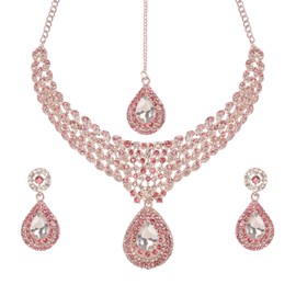 Touchstone NEW Indian Bollywod Handcrafted Exclusive Alluring Craftsmanship Pink Faux Rose Quartz Rhinestone Designer Bridal Jewelry Necklace Mangtika Set In White Tone For Women.