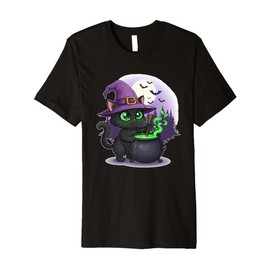 Black Cat Witch with Cauldron and Moon Premium T-Shirt