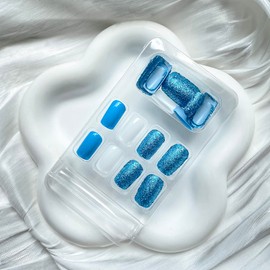 24 Pcs Summer Press on Nails Medium Square Fake Nails Blue and White False Nails with Glitter Designs Glossy Acrylic Nails Full Cover Stick on Artificial Nails for Women Girls