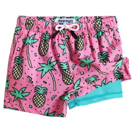 MaaMgic Boys Swim Trunks with Compression Liner Toddler Stretch Quick Dry Swim Shorts Quick Dry 2 in 1 Beach Shorts,Palm Pineapple Pink,Large(14/16)