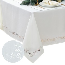 Elrene Home Fashions Poinsettia Noel Laser Cut Holiday Fabric Tablecloth, 52"x70" Rectangle, Poinsettia Ivory