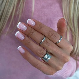Square Press on Nails Short Fake Nails Acrylic Ballet French Tip Nails White Pink Nude Acrylic Nails Full Cover False Nails for Women and Girls 24Pcs