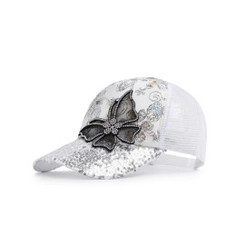 ZARSIO Sequin Baseball Cap Adjustable Rhinestone Butterfly Baseball Cap (CA/US, Alpha, Medium, Large, White)