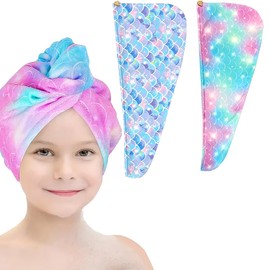 AIMALL Blue and Purple Mermaid Children's Hair Towel, 2-Pack, Microfiber Quick-Dry Hair Caps, 25.6" Soft Water-Absorbent Headscarves, Ideal for Kids
