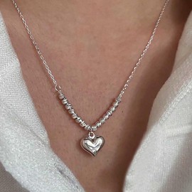 Atentuyi Punk Heart Pendant Necklace Silver Small Heart Necklace Love Heart Necklace Tiny Dot Necklace Delicate Chain Small Ball Necklace Jewellery for Women and Girls