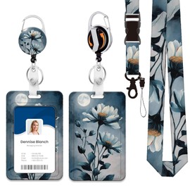 CosyCheer Heavy Duty ID Badge Holder with Lanyard, Retractable Badge Reel Clip, Lanyards for Hard Vertical ID Card Holders for Office, School, Teachers, Nurses, Women - Night Sky Blooming Floral