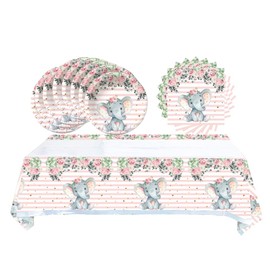 41 piezas de suministros de fiesta de baby shower de elefante rosa, incluye 16 platos, 16 servilletas y 1 mantel, utilizado para decoración de fiesta de cumpleaños de elefante