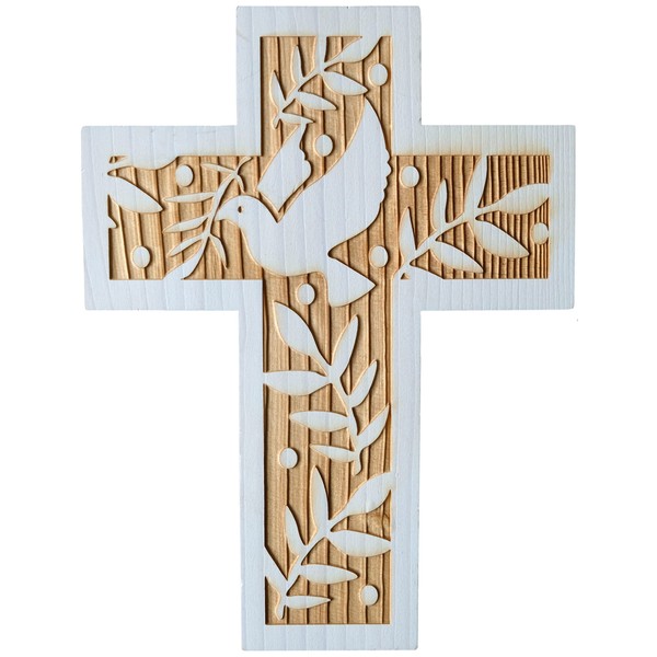 Kaltner Präsente - Crucifijo de madera de abeto con paloma de 24 cm, para la pared, ideal como regalo, diseño moderno fabricado en Val Gardena en el Tirol del Sur