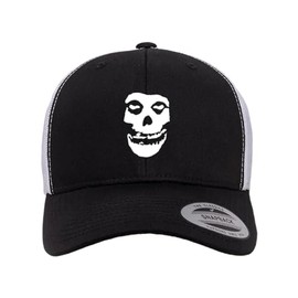 Mari Kyrios Misfit Heat Pressed Fiend Skull Black on White Curved Bill Hat - Adult Mesh Trucker Snap Back Cap